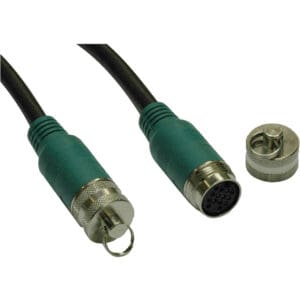Green industrial connector cable with cap.