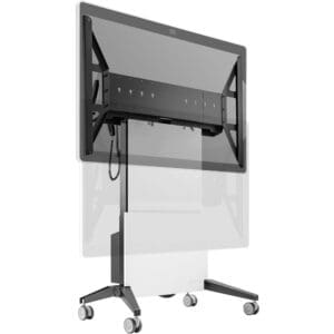 Mobile TV stand with adjustable height feature.