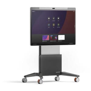 Interactive smart board on wheeled stand.