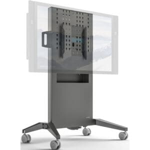 Mobile TV stand with adjustable mounting bracket.