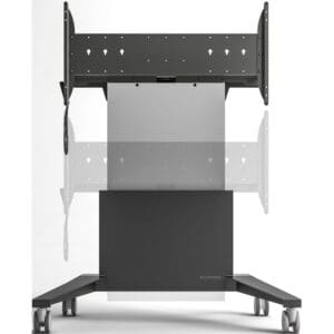 Mobile TV stand with adjustable height feature.