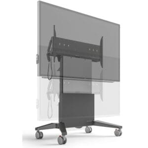 Mobile TV stand with adjustable height feature.