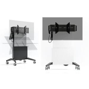 Adjustable TV stand with wheels, two positions.