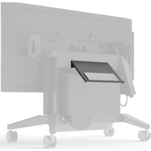 Rolling TV stand with attached keyboard shelf.