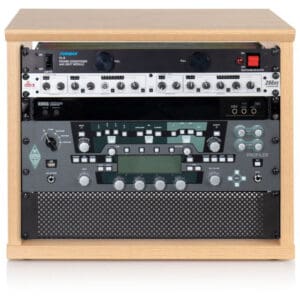 Audio equipment rack with multiple devices.