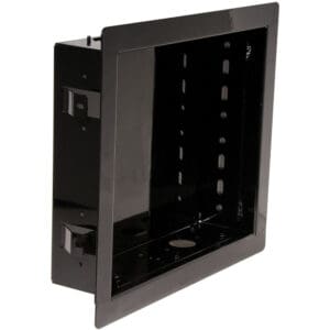 Black recessed wall-mounted metal enclosure box.