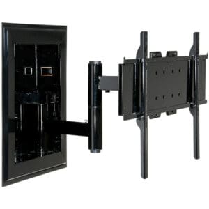 Black wall-mounted TV bracket, adjustable arm.