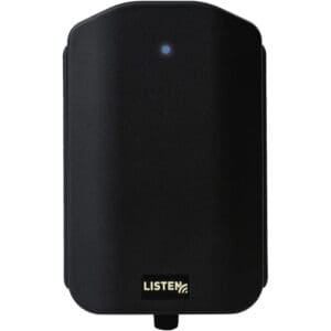 Black wireless audio receiver with LED indicator.