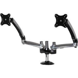 Dual monitor adjustable desk mount stand.
