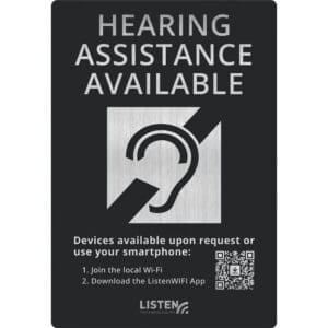Hearing assistance available sign with instructions.