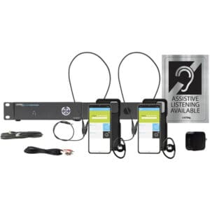 Assistive listening devices and sign displayed.