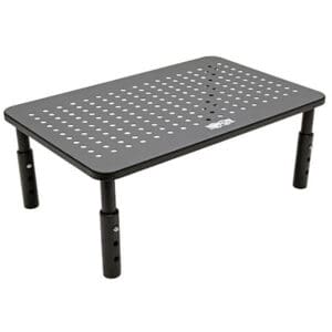 Black perforated adjustable monitor stand.