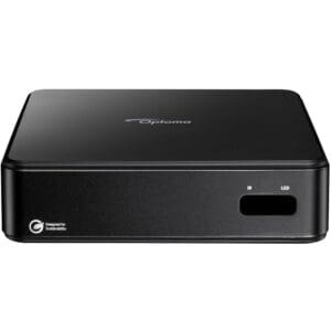 Black Optoma streaming device with LED indicator.
