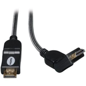Black HDMI cable with angled connector.