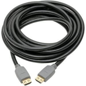 Coiled HDMI cable with gray connectors.