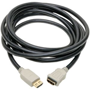 Black HDMI cable coiled on white background.