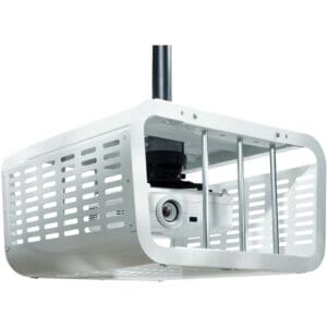 Ceiling-mounted projector in protective cage.
