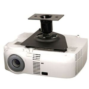 Ceiling-mounted white projector with black bracket.