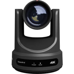 4K black video camera with lens.