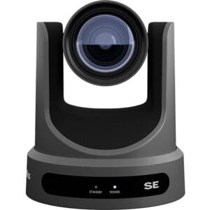 Black digital video conference camera on white background.