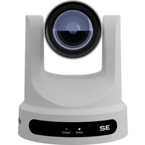 White PTZ camera with large lens.