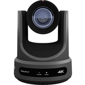 Black 4K video conferencing camera front view.