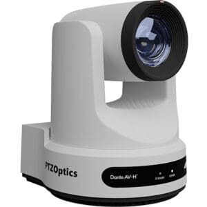 PTZOptics camera with lens and logo visible.