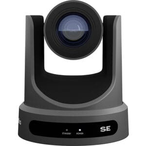 Black video conference camera with lens visible.