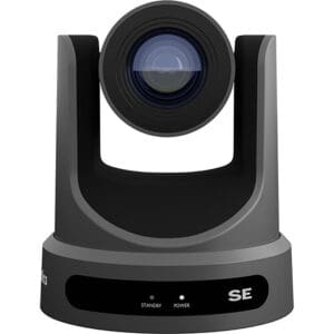 Black PTZ camera with lens and controls.