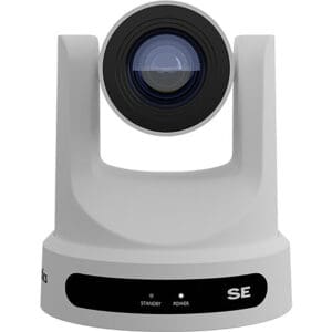 White video conference camera with lens.