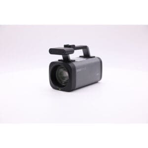 Black video camera on white background.