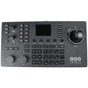 PTZ camera controller with multiple buttons and joystick.