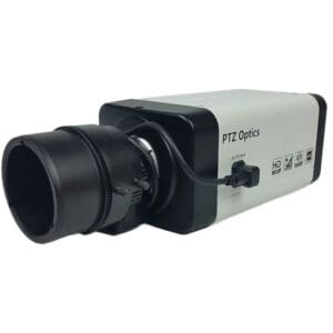 PTZ Optics camera with adjustable lens.