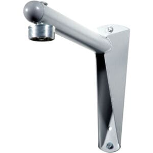 Wall-mounted shower arm in chrome finish.