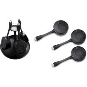 Wireless presentation devices with charging base.