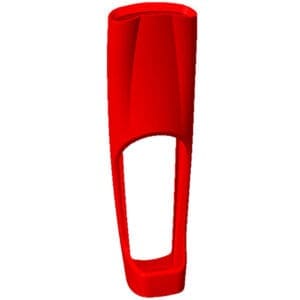 Red plastic whistle on white background.