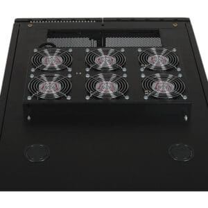 Server rack with cooling fans on top.