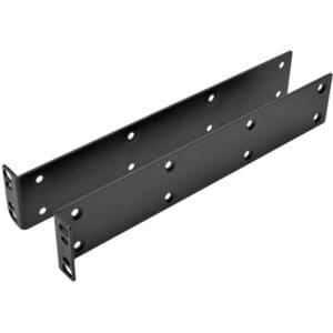 Black metal rack mount brackets with holes.