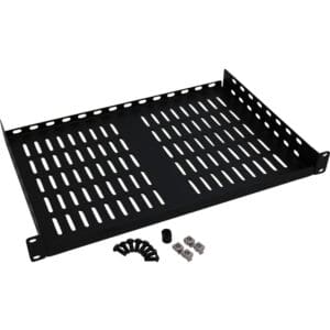 Black vented server rack shelf with hardware.