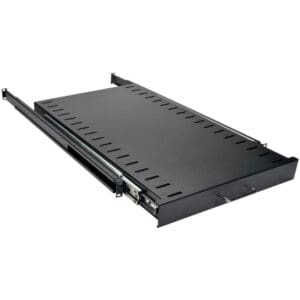 Black server rack shelf with sliding rails.