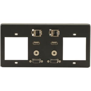 Black wall plate with multiple connector ports.