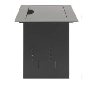 Black metal box with lid and holes.