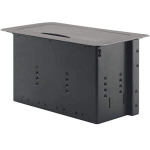 Black rectangular metal enclosure with lid.