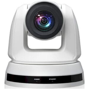 White surveillance camera with black lens.