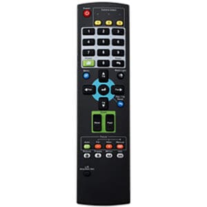 Black universal remote control with colored buttons.