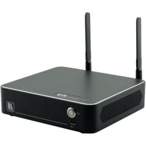 Black mini PC with dual antennas.