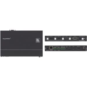 Black electronic device with various input ports.