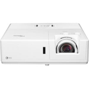 White digital projector with lens visible.