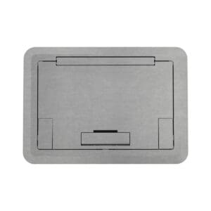 Silver brushed metal power outlet cover.