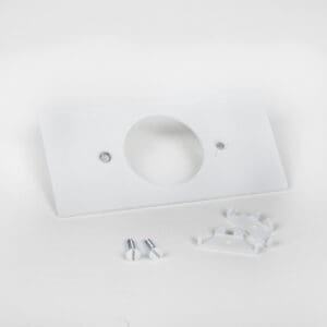 White wall plate with screws and brackets.